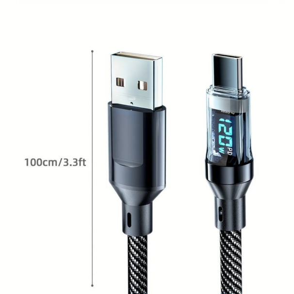 usb til usb c ladekabel - sort med watt måler